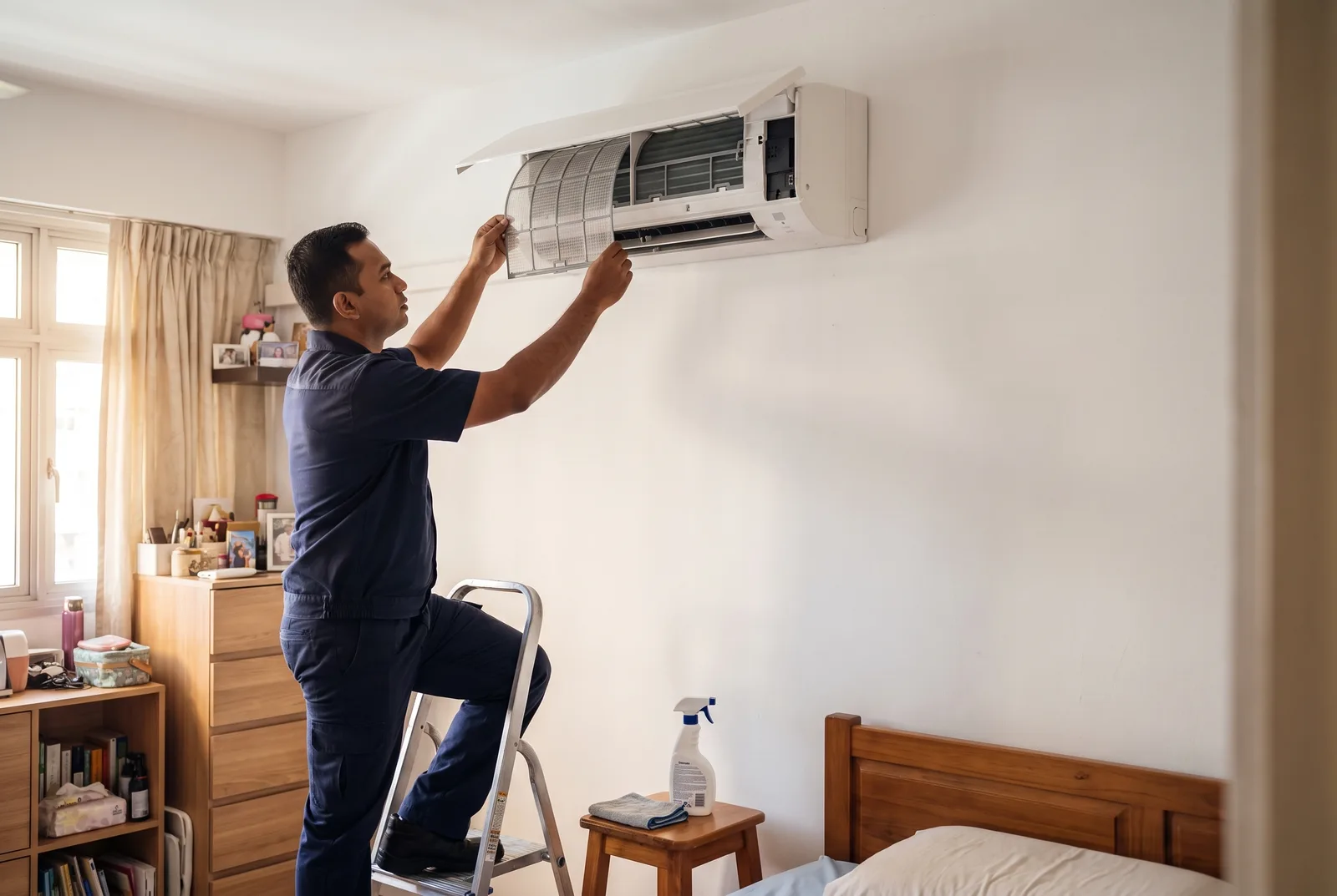 Aircon technician servicing a wall-mounted split unit in a Singapore bedroom