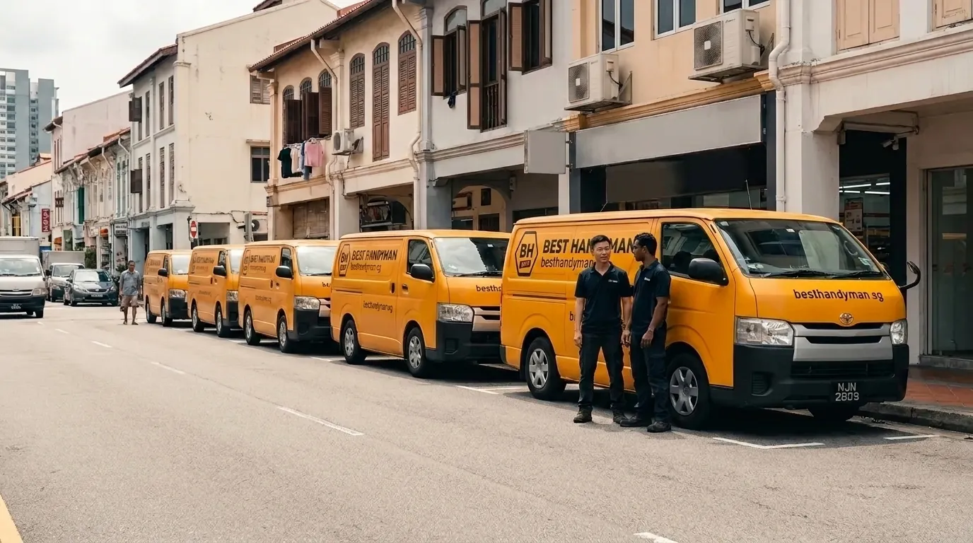 Best Handyman 24/7 service vans parked along a Singapore shophouse street, two technicians standing by