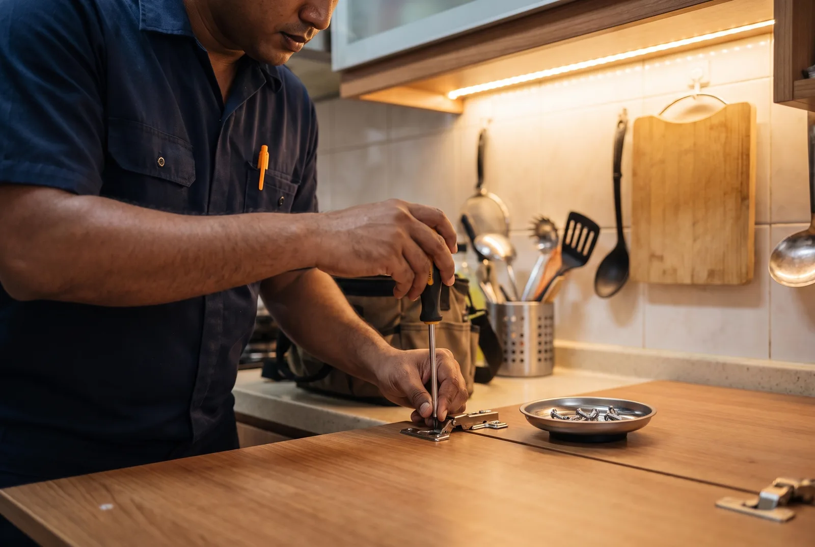Technician adjusting a kitchen cabinet hinge with a screwdriver in Singapore