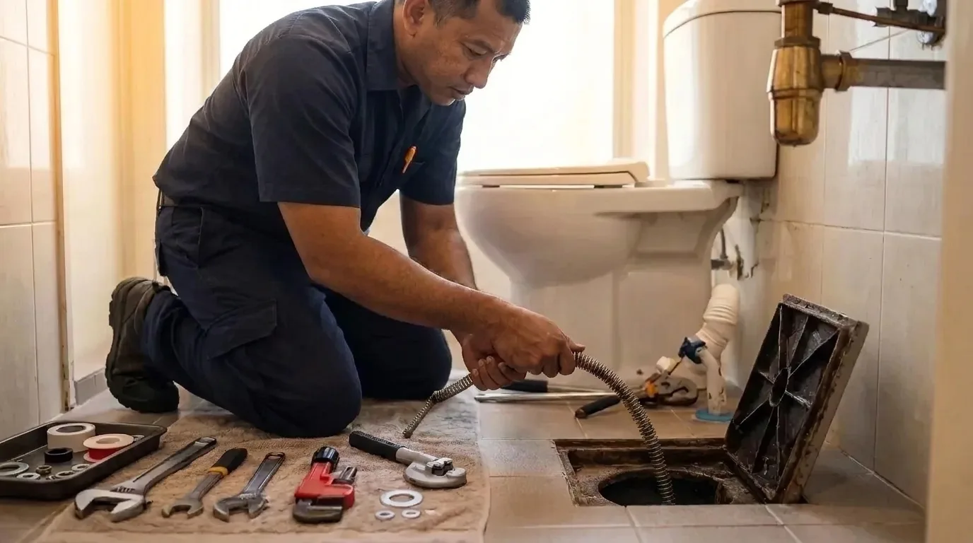 Plumber clearing a choked floor trap with a drain auger in an HDB bathroom in Singapore