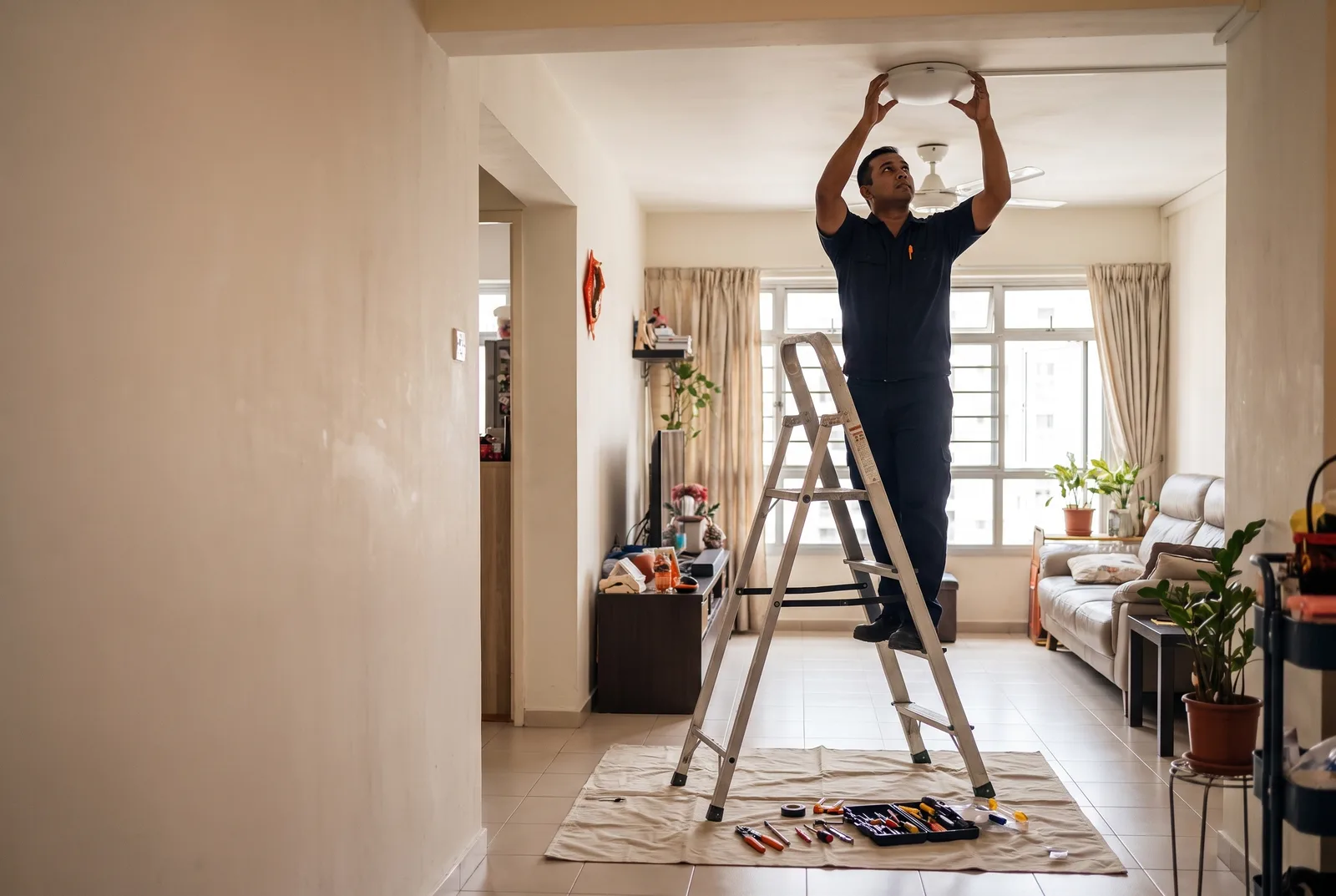 Technician installing a ceiling light in an HDB living room in Singapore