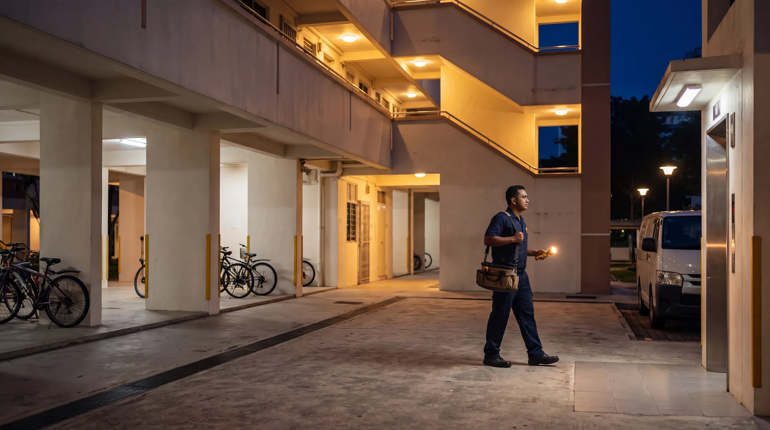 24 hour emergency handyman walking to an HDB block at night with a torchlight