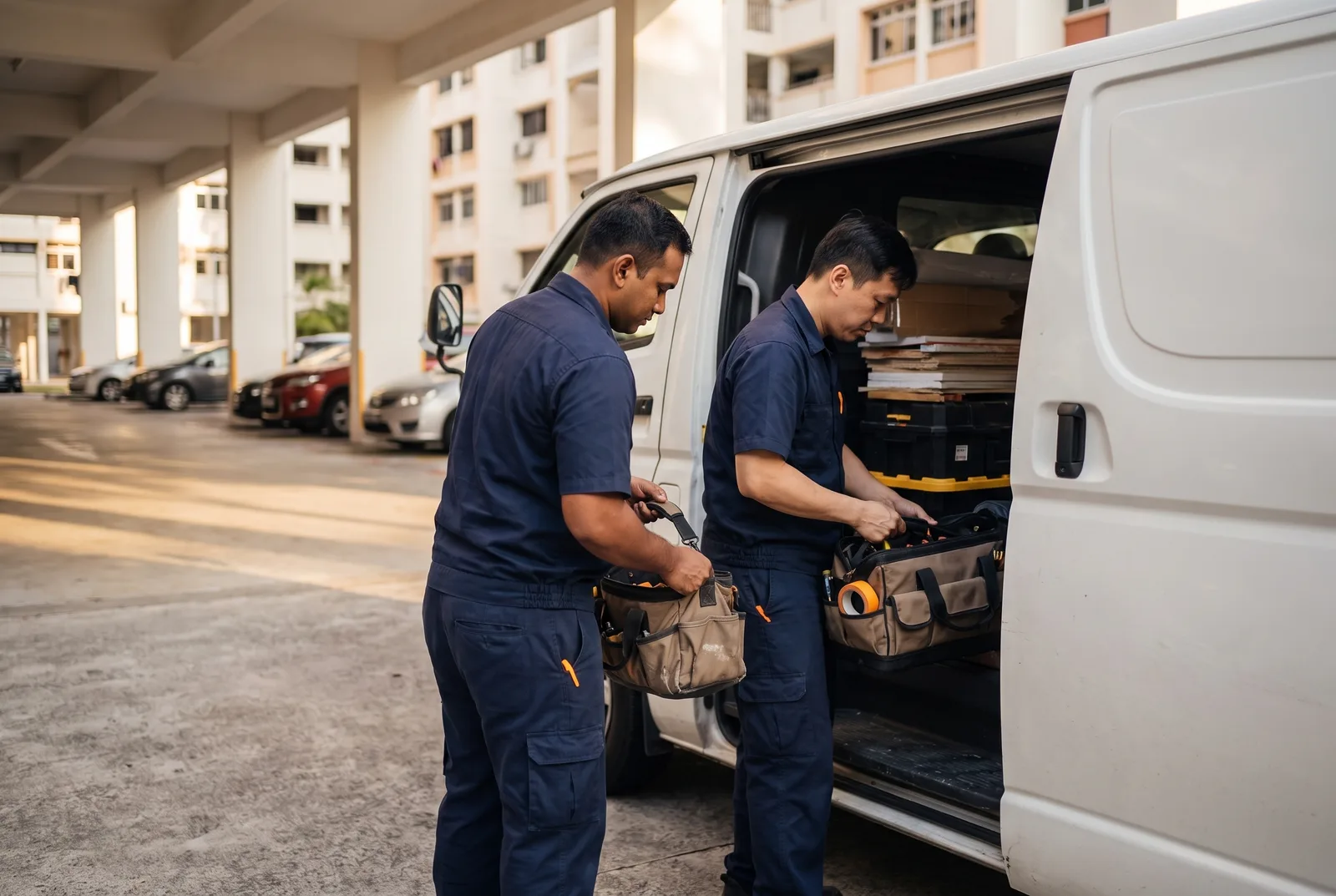 Two handyman technicians loading tool bags into a service van at an HDB carpark