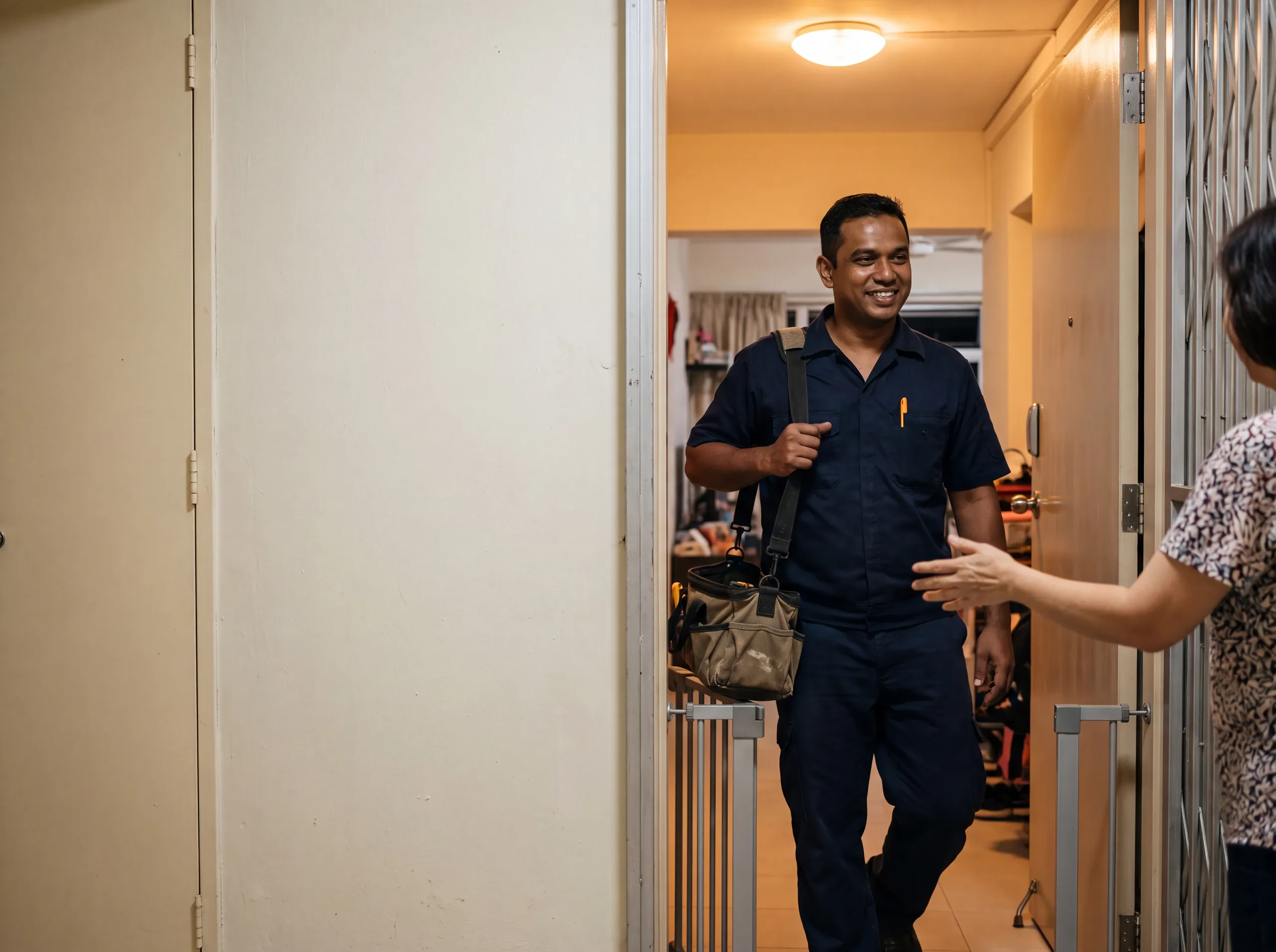 Handyman arriving at an HDB flat in Singapore with his toolbox in the evening