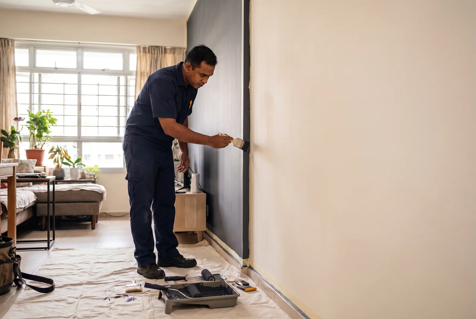 Painter cutting in a wall edge with a brush in an HDB living room