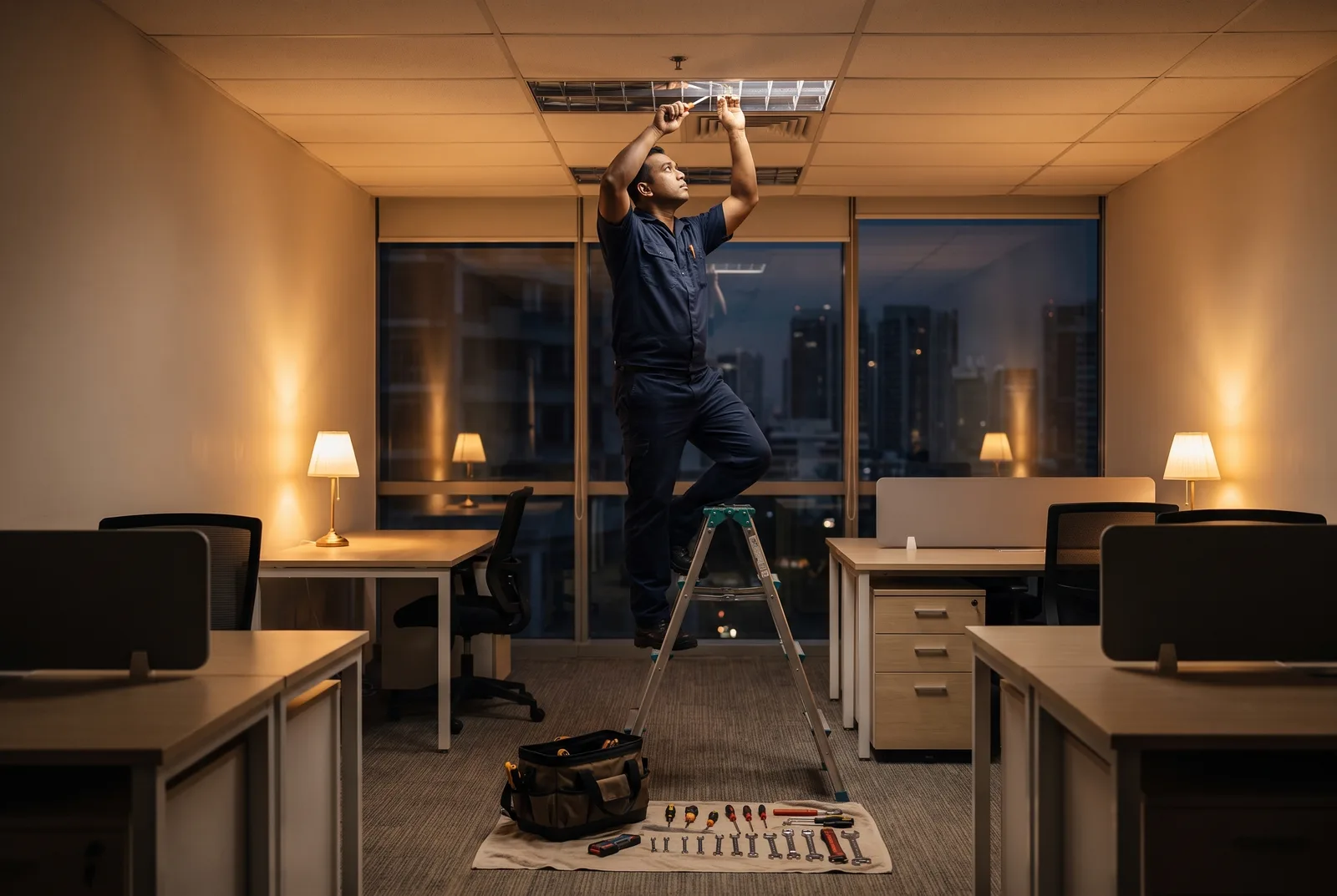 Maintenance technician servicing recessed office lighting in Singapore after hours