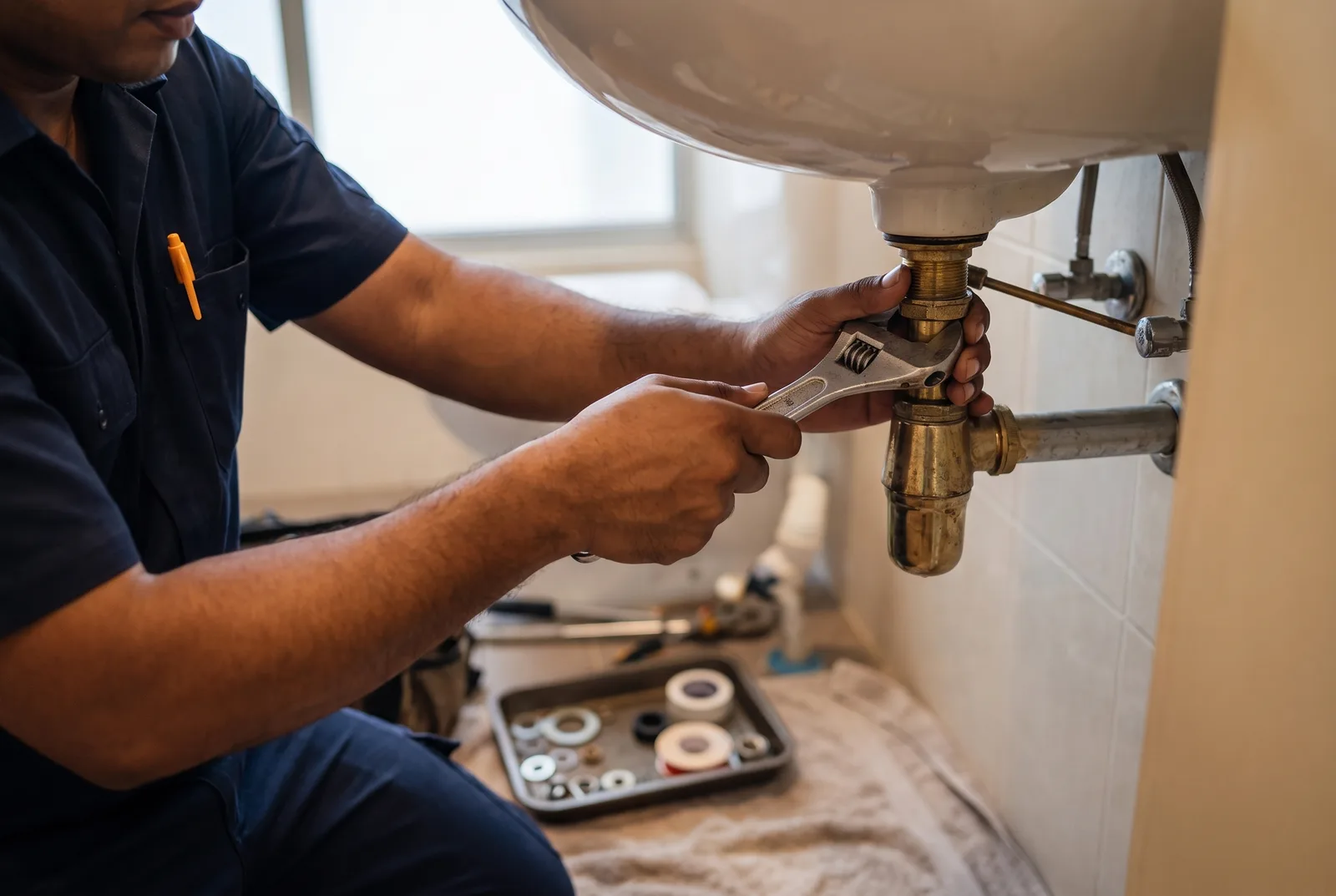 Plumber replacing a basin tap under a bathroom sink in a Singapore condo