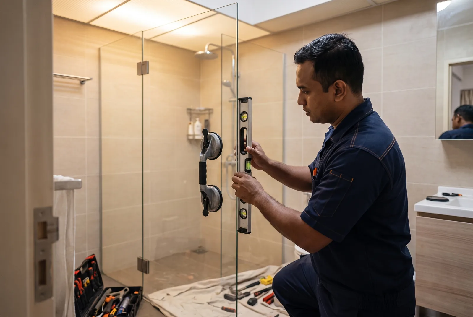 Technician fitting a frameless shower screen in a modern HDB bathroom