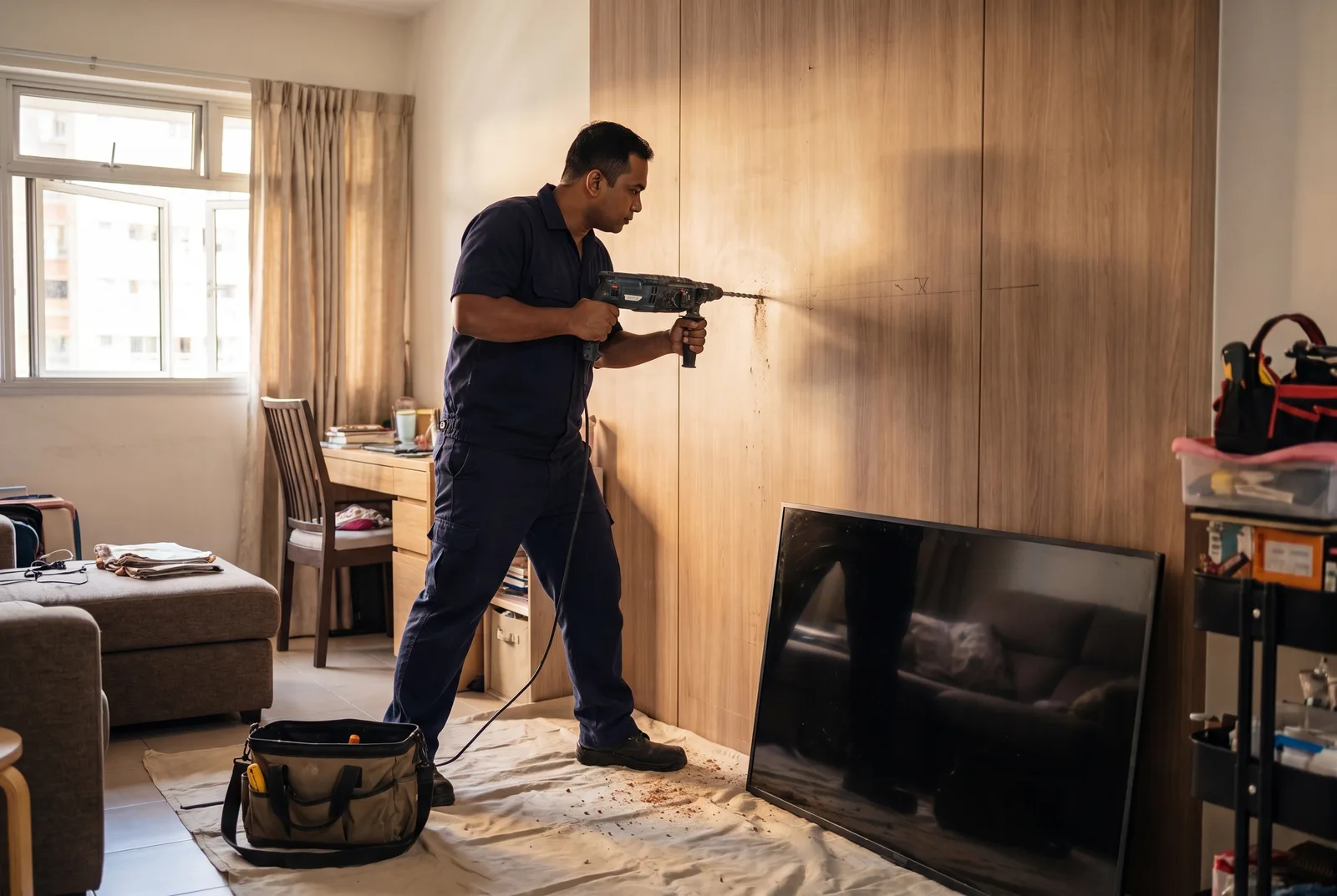 Handyman drilling a wall mount for a TV bracket in a Singapore living room