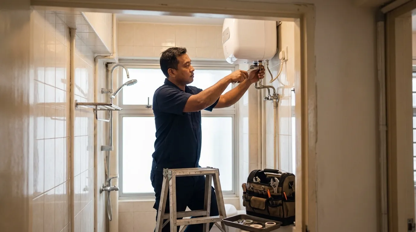 Technician installing a storage water heater in an HDB bathroom in Singapore